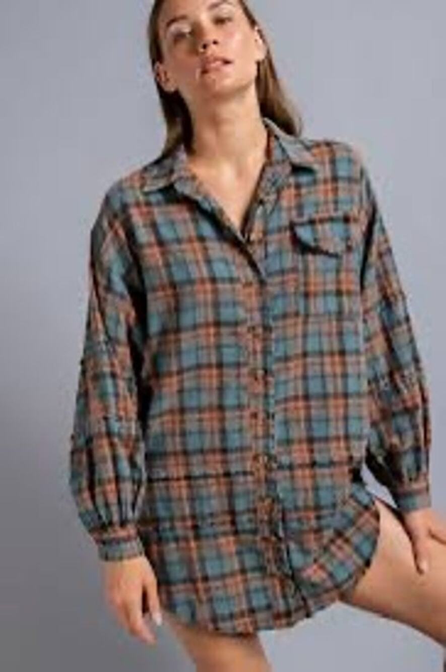 EASEL CLOTHING Green Orange Mineral Washed Plaid Button Up Vintage Shirt sz L
